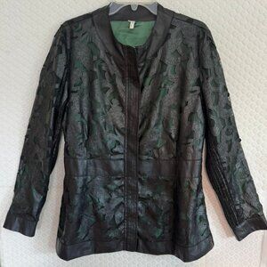 Lindi Faux Leather Laser Cut Detail Jacket -Zip Front, Green Lining Size L  EUC